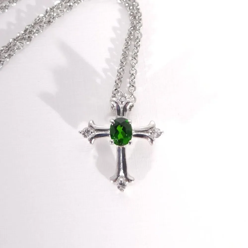 Chrome Diopside Cross Pendant and Stainless Steel Chain